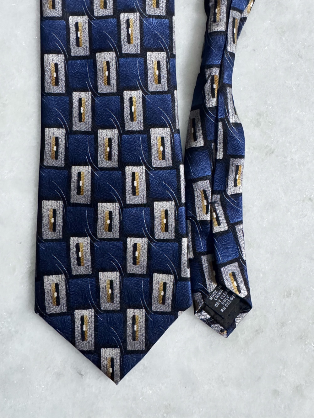Vintage Puritan Navy and Gold Geometric 100% Silk Tie